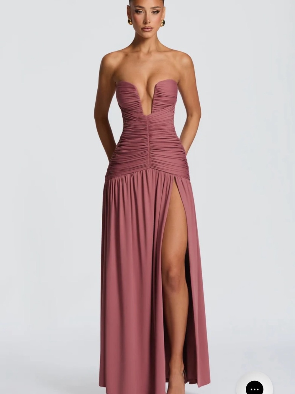 Strapless Mauve Ruched Evening Gown with High Slit